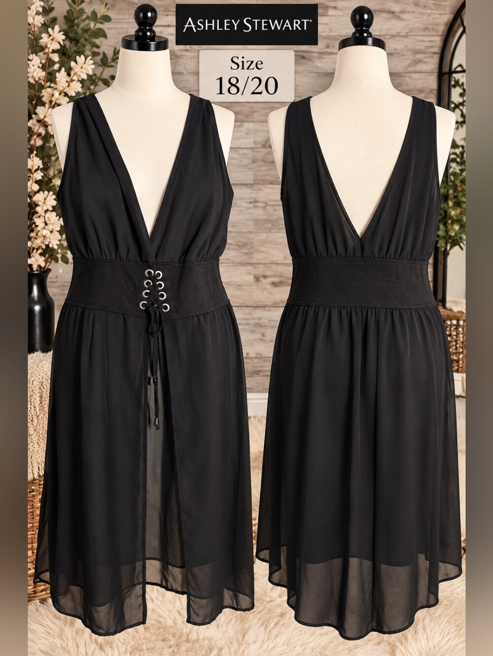 Ashley Stewart Black V-Neck Lace-Up Waist Swim Coverup